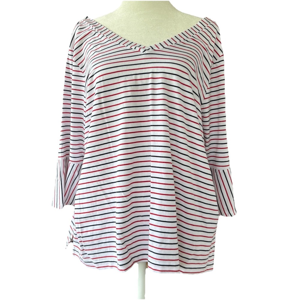 J Jill 3/4 Sleeve Patriotic Top Women's L Petite White Red Blue Stripe‎ V-Neck